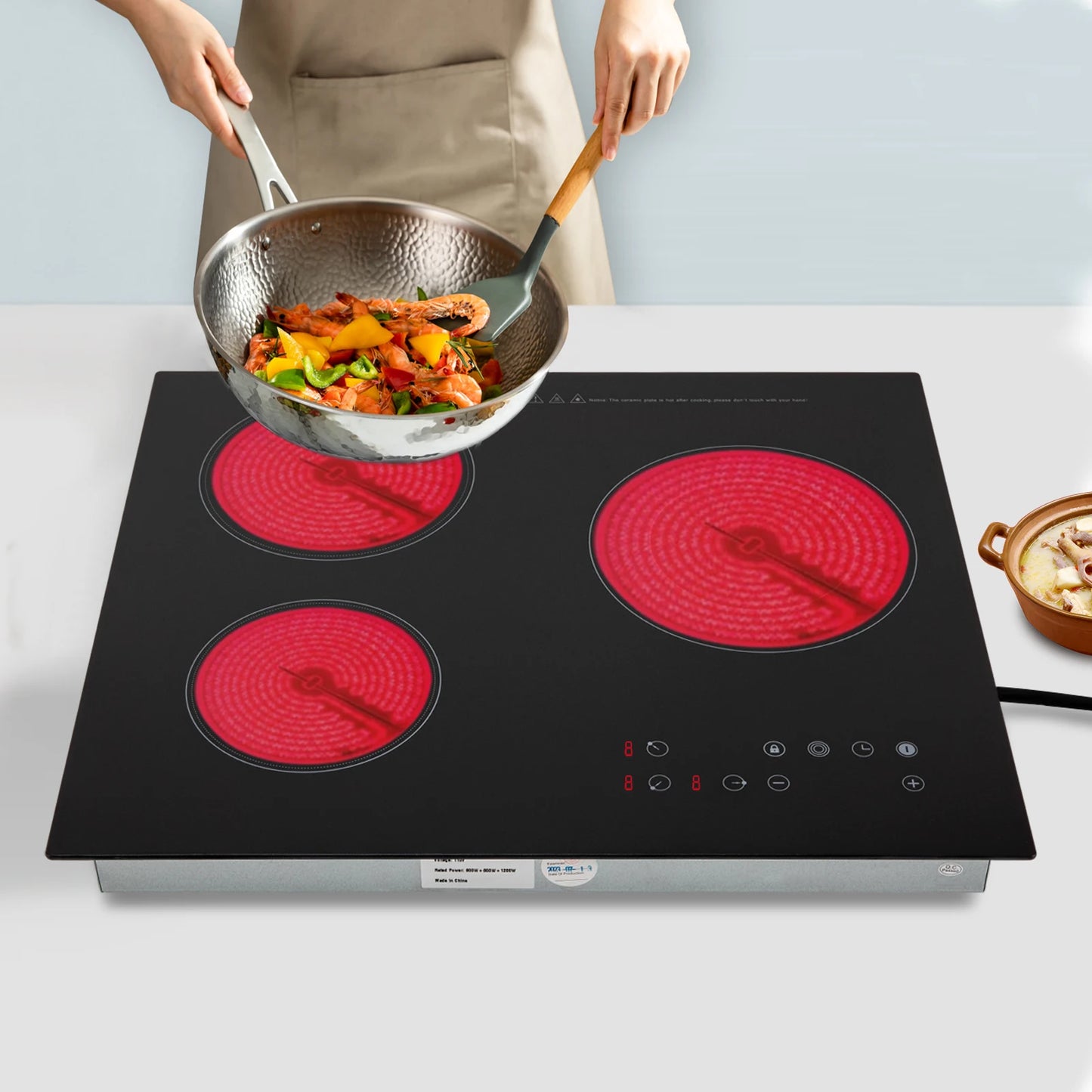 Electric Stovetop 3 Burners Stove 2600w Electric Ceramic Stove Built-In &Countertop Burner 9 Heating Level and Kid Safety Lock