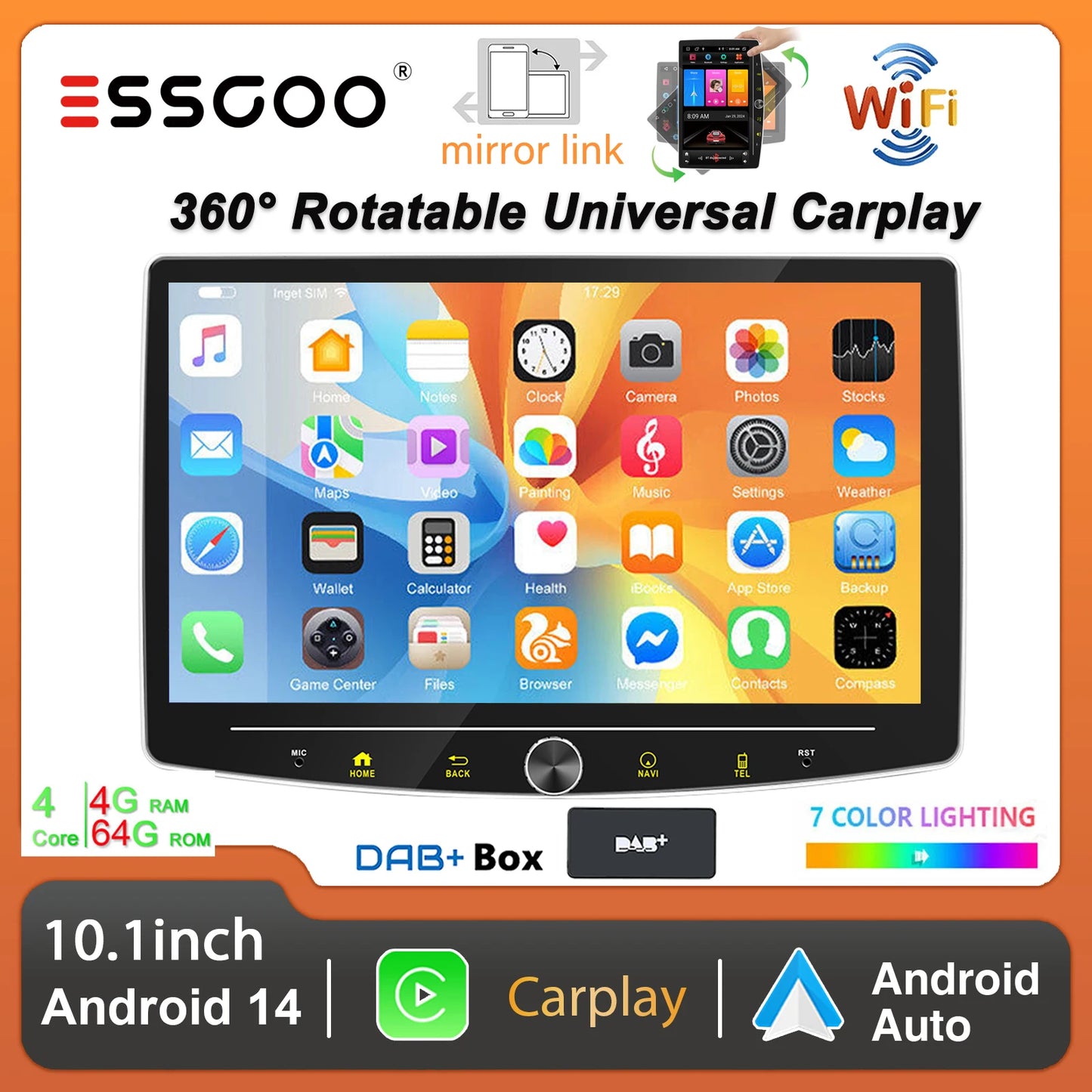 10.1" 1 DIN Touch screen Universal Wireless carplay Android auto Car Stereo Radio 64G Android 14 GPS NAVI SWC BT MIC WIFI