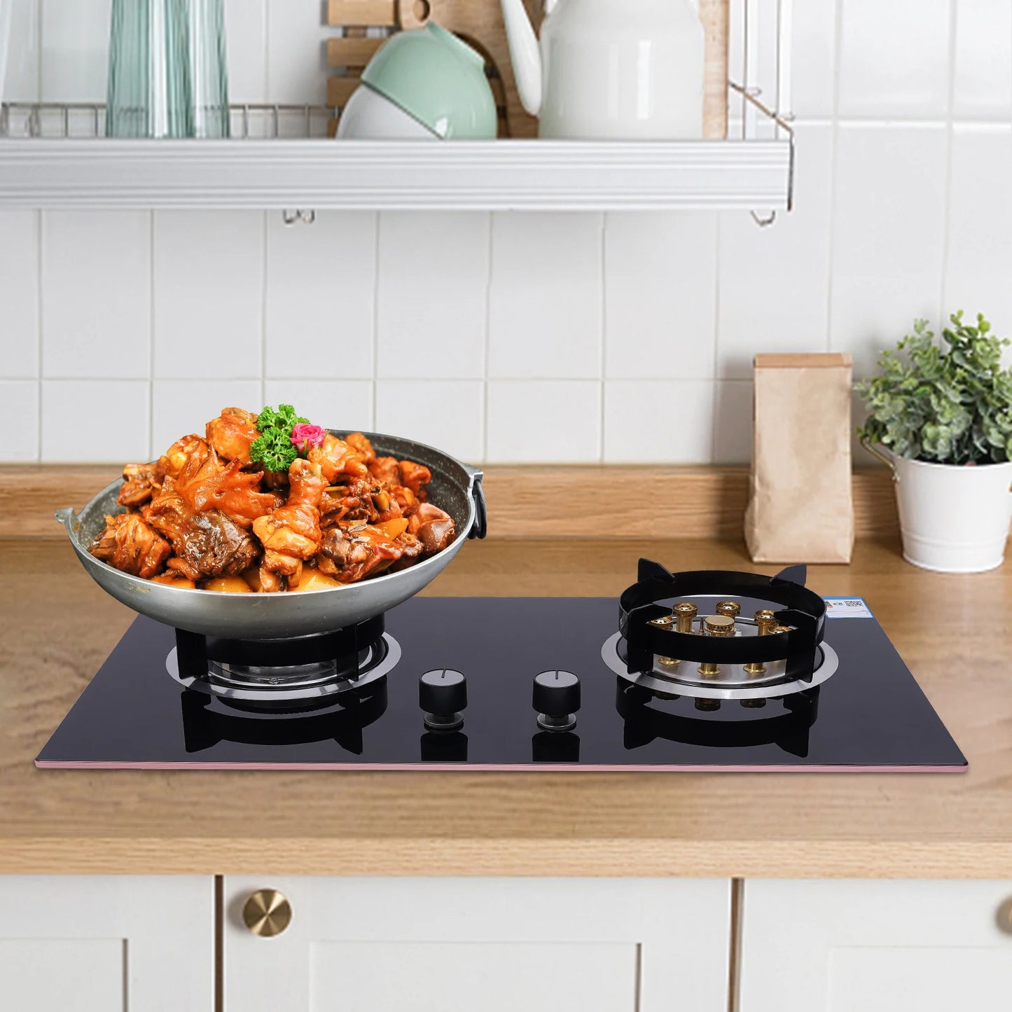 High-Efficiency Built-in Gas Stove with Dual Burners, 4.2KW & 5.2KW Power, Copper Flame Dividers, Tempered Glass Top