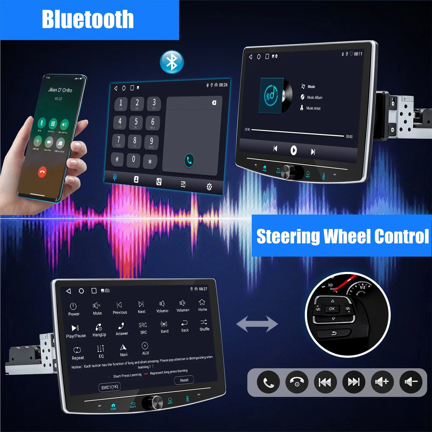 10.1" 1 DIN Touch screen Universal Wireless carplay Android auto Car Stereo Radio 64G Android 14 GPS NAVI SWC BT MIC WIFI