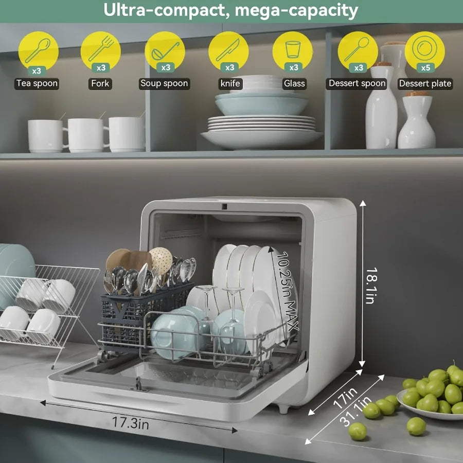 Portable Countertop Dishwasher with Color Screen 5 Place Settings 8 Washing Programs 3 Spray Arms 5L Built-in Water Tank Compac