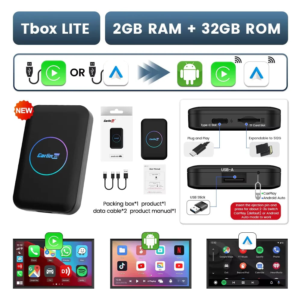 CarlinKit 5-In-1 Lite S Android TV Box CarPlay Ai Box Support Netflix Wireless CarPlay & Android Auto HDMI USB Device Plug &Play