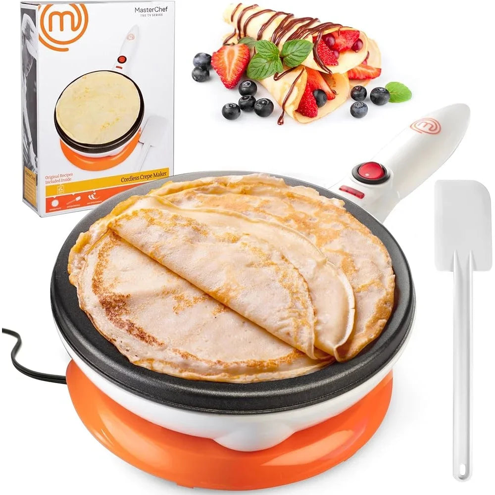 Cordless Electric Crepe Maker Non-stick Dipping Plate Batter Spreader Recipe Guide Compact Kitchen Appliance Crepes and Pancakes