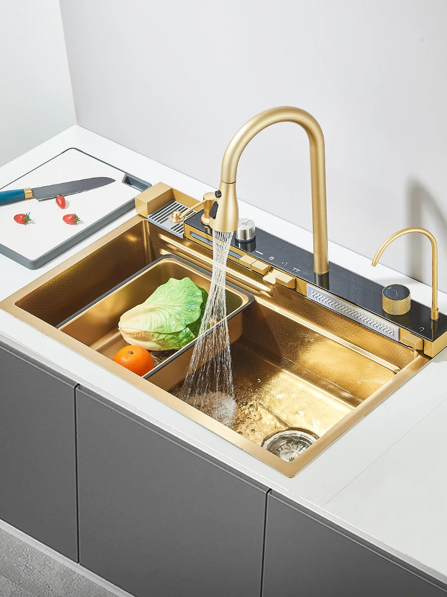 Large 304 Kitchen Sinks 75x45cm Stainless Steel Kitchen Waterfall Sink Digital Display Large Single Sink Dish Washer Faucet