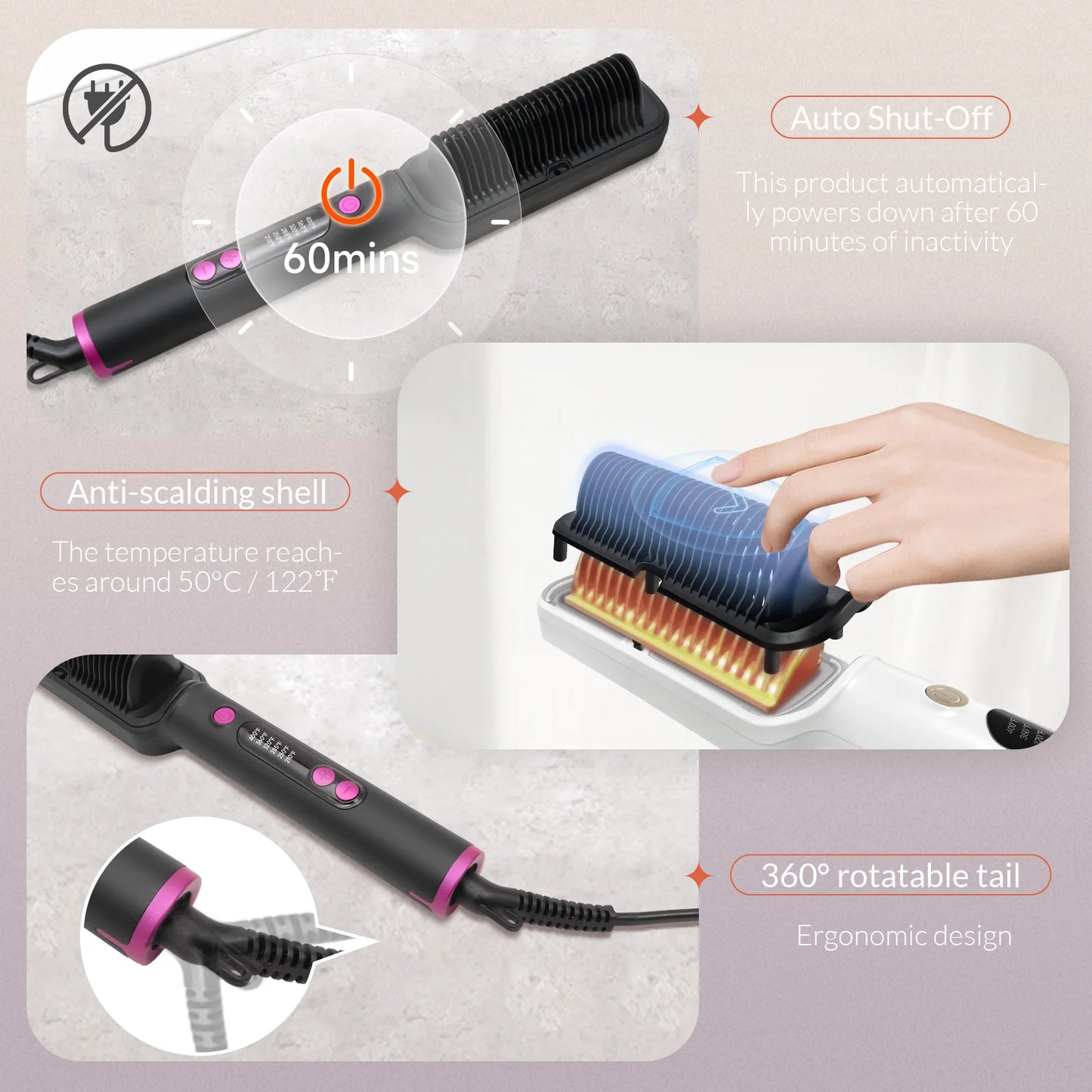 OUDIM Hair Straightener Brush with Six Temperature Settings, Ionic Hair Straightening Brush Flat Iron For Women, Anti-Scald Stra