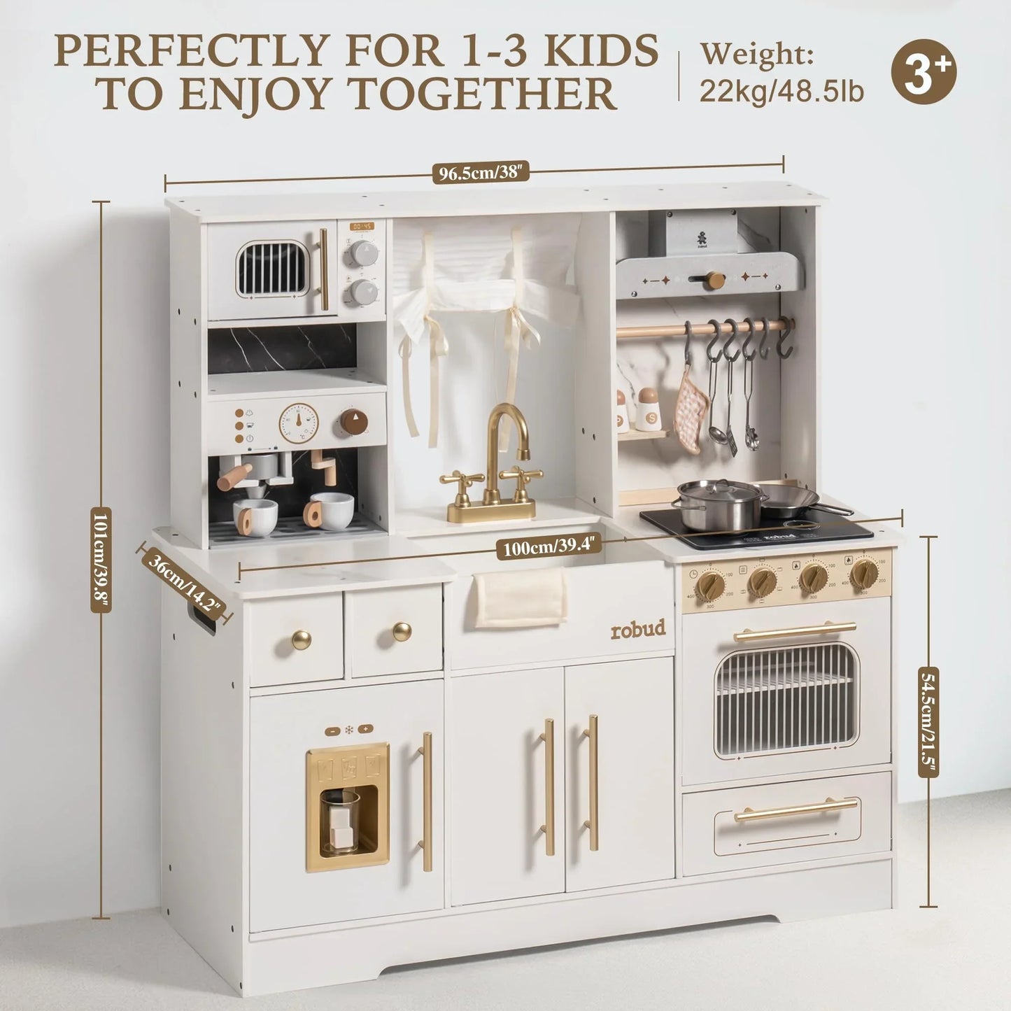Robotime Robud Play Kitchen Wooden with Wash basin Cookware Accessories Microwave Toy Kitchen Gift for Boys Girls 3+ Black White