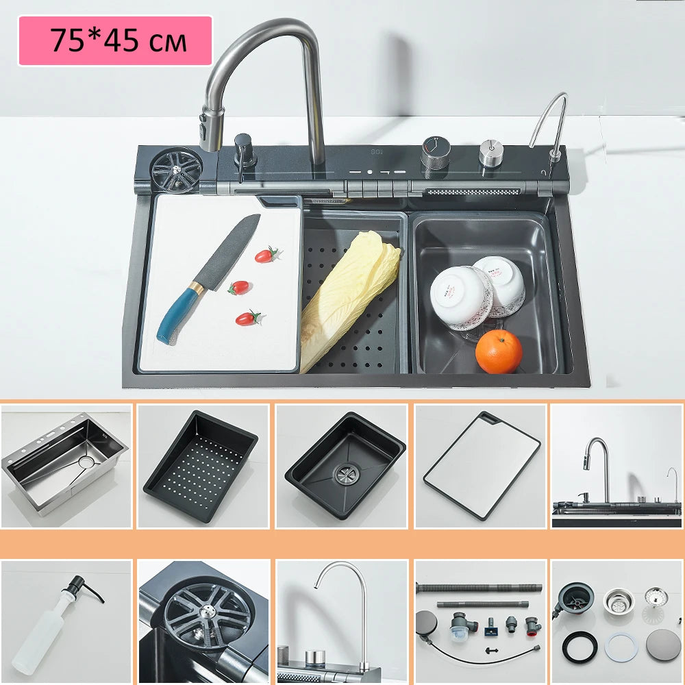 Large 304 Kitchen Sinks 75x45cm Stainless Steel Kitchen Waterfall Sink Digital Display Large Single Sink Dish Washer Faucet