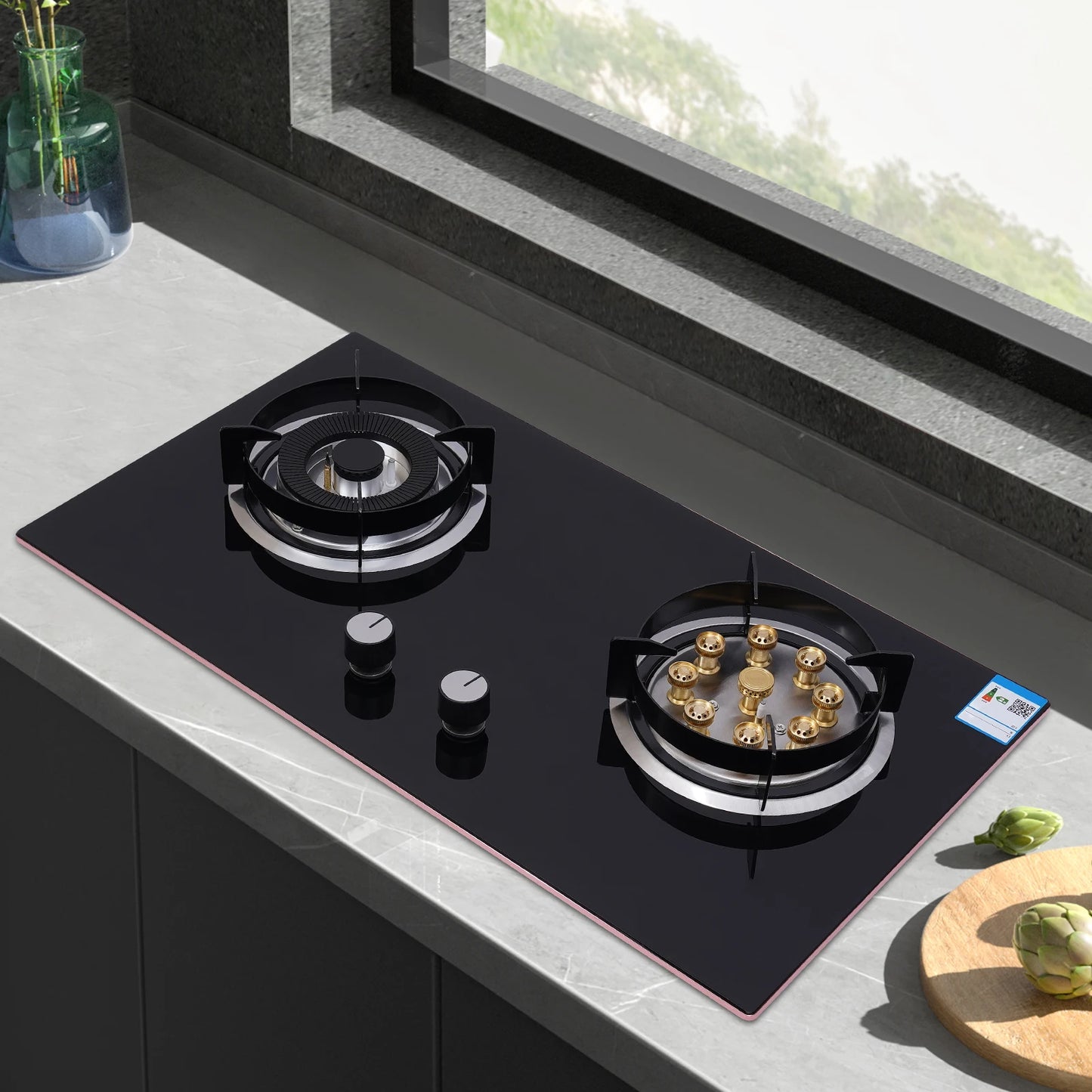 High-Efficiency Built-in Gas Stove with Dual Burners, 4.2KW & 5.2KW Power, Copper Flame Dividers, Tempered Glass Top