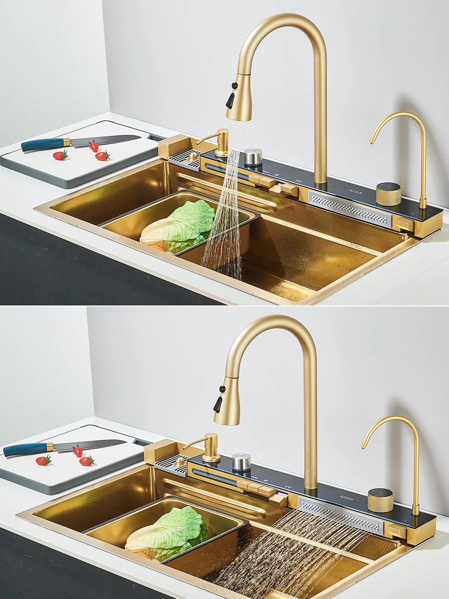 Large 304 Kitchen Sinks 75x45cm Stainless Steel Kitchen Waterfall Sink Digital Display Large Single Sink Dish Washer Faucet