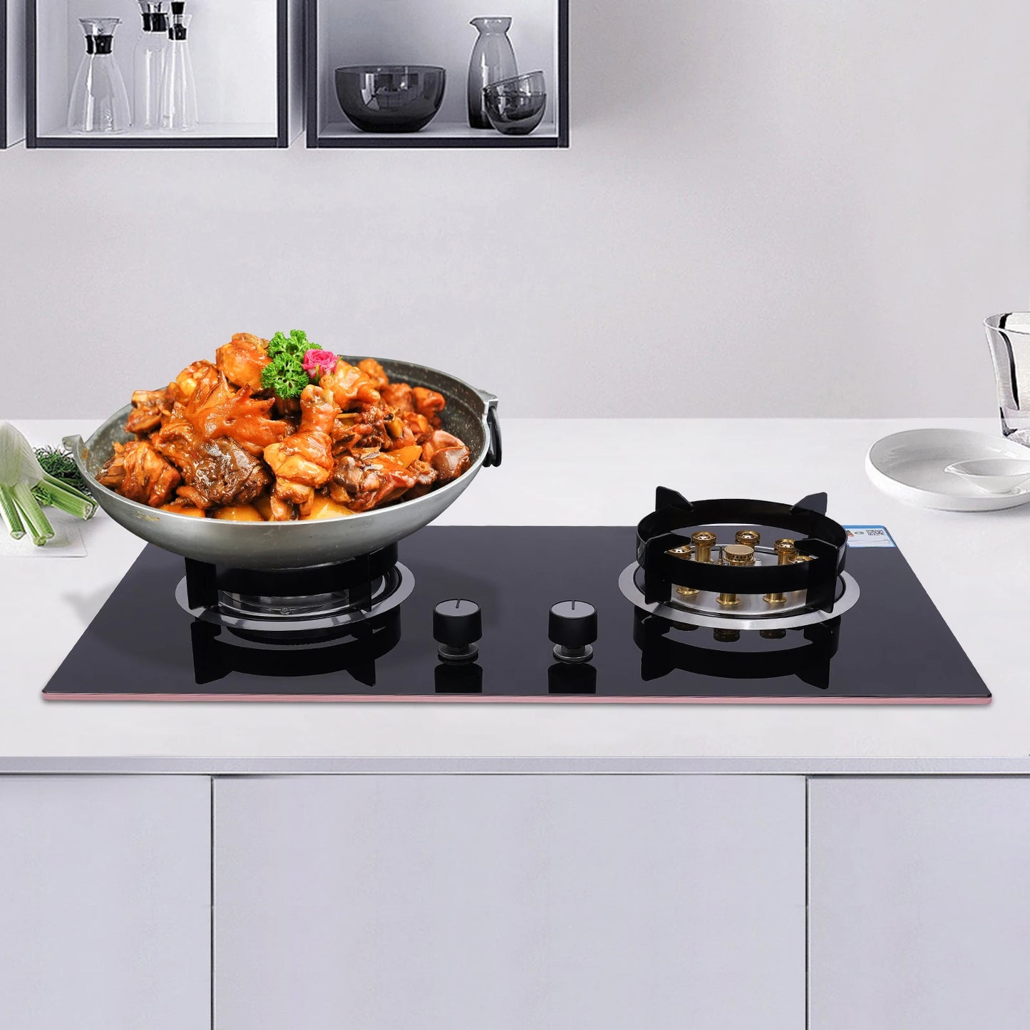 High-Efficiency Built-in Gas Stove with Dual Burners, 4.2KW & 5.2KW Power, Copper Flame Dividers, Tempered Glass Top