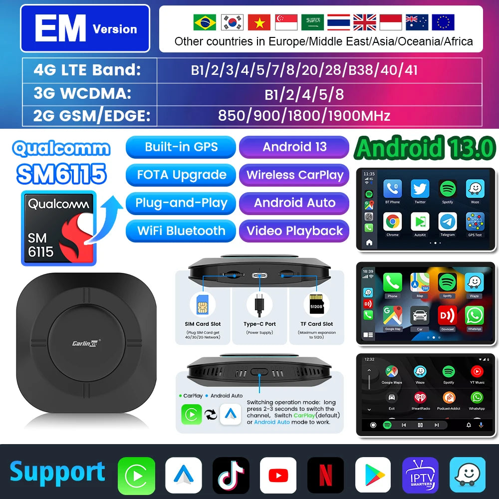 Carlinkit Android 13 Tv Box Carplay Android Auto 8 Core Wired To Wireless Adapter For Netflix Spotify Youtube Car Accessories