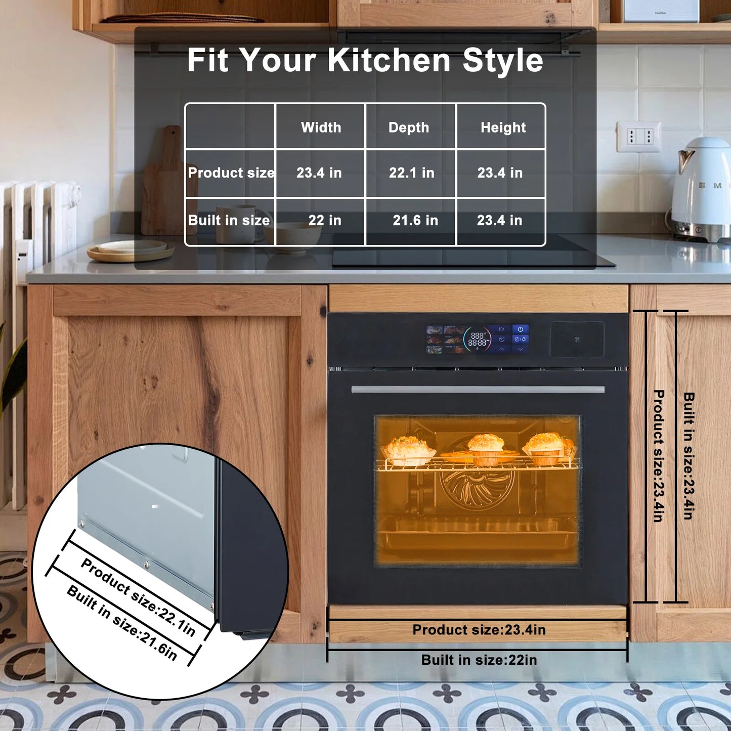 2.5 Cu.ft Built-in Electric Wall Oven With TFT Display 8 Cooking Modes In Steam, Grill, Air Frying Mode For Kitchen Restaurant