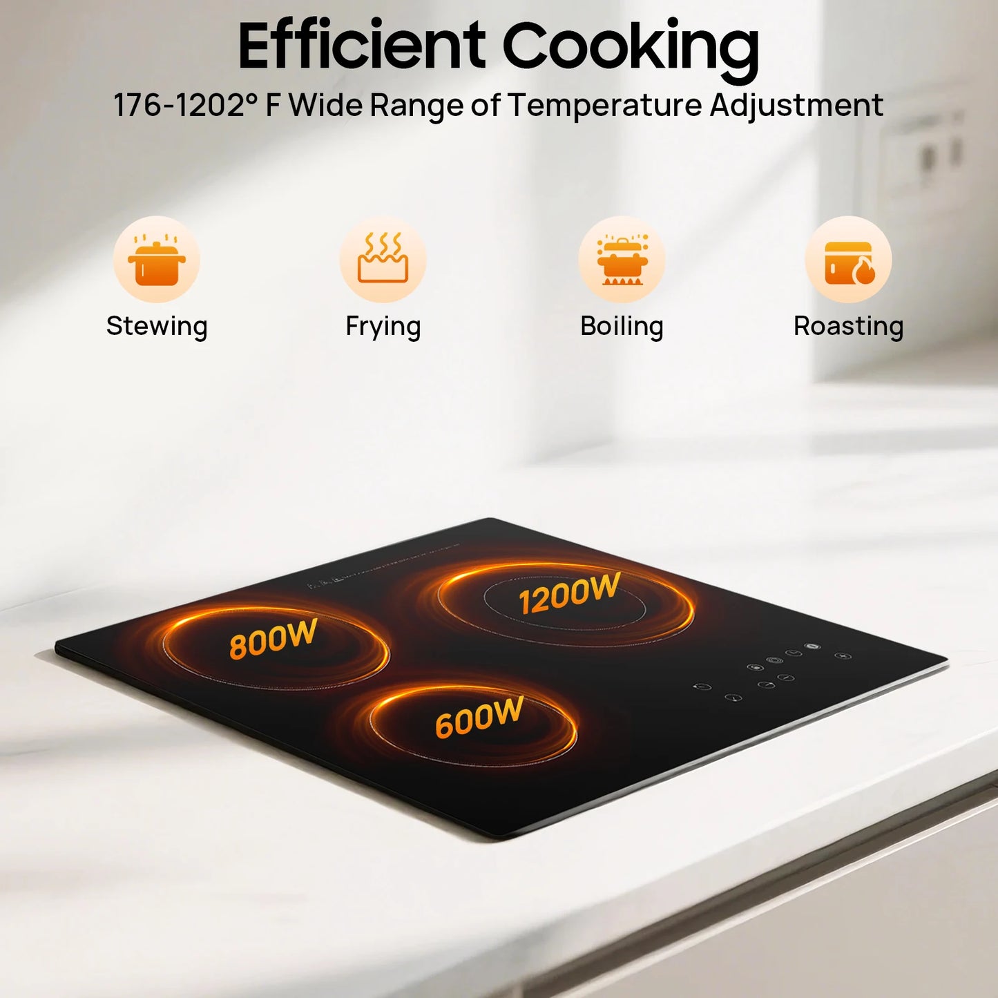 Electric Stovetop 3 Burners Stove 2600w Electric Ceramic Stove Built-In &Countertop Burner 9 Heating Level and Kid Safety Lock