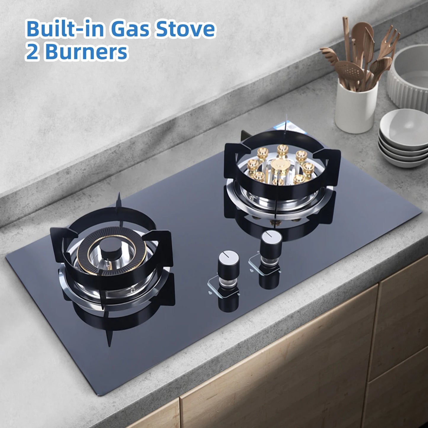 High-Efficiency Built-in Gas Stove with Dual Burners, 4.2KW & 5.2KW Power, Copper Flame Dividers, Tempered Glass Top