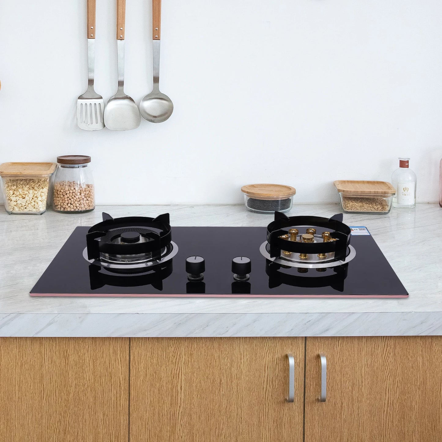 High-Efficiency Built-in Gas Stove with Dual Burners, 4.2KW & 5.2KW Power, Copper Flame Dividers, Tempered Glass Top