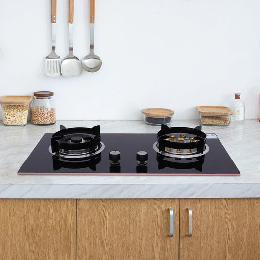 High-Efficiency Built-in Gas Stove with Dual Burners, 4.2KW & 5.2KW Power, Copper Flame Dividers, Tempered Glass Top