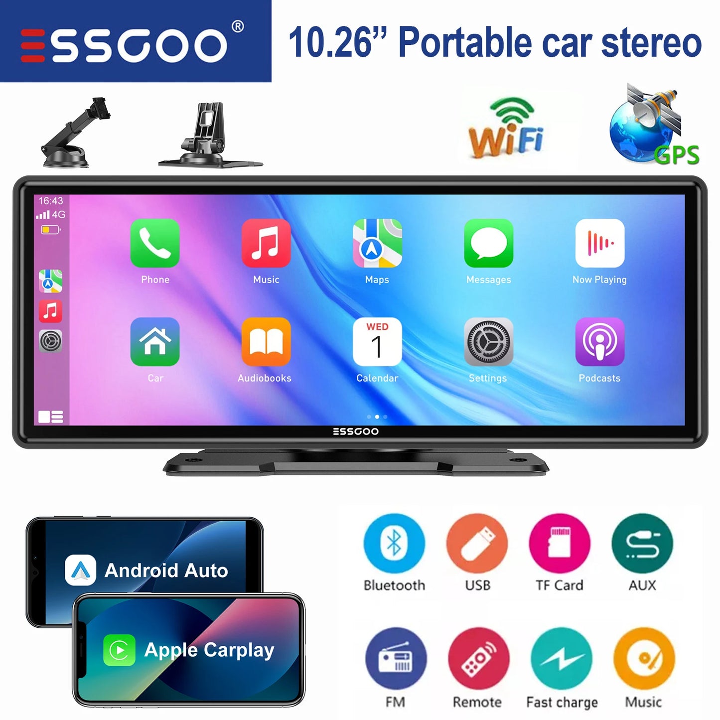 ESSGOO 10.26" portable universal car stereo Radio HD Tour screen GPS Navi WIFI Apple carplay Android auto BT MIrror link AUX FM