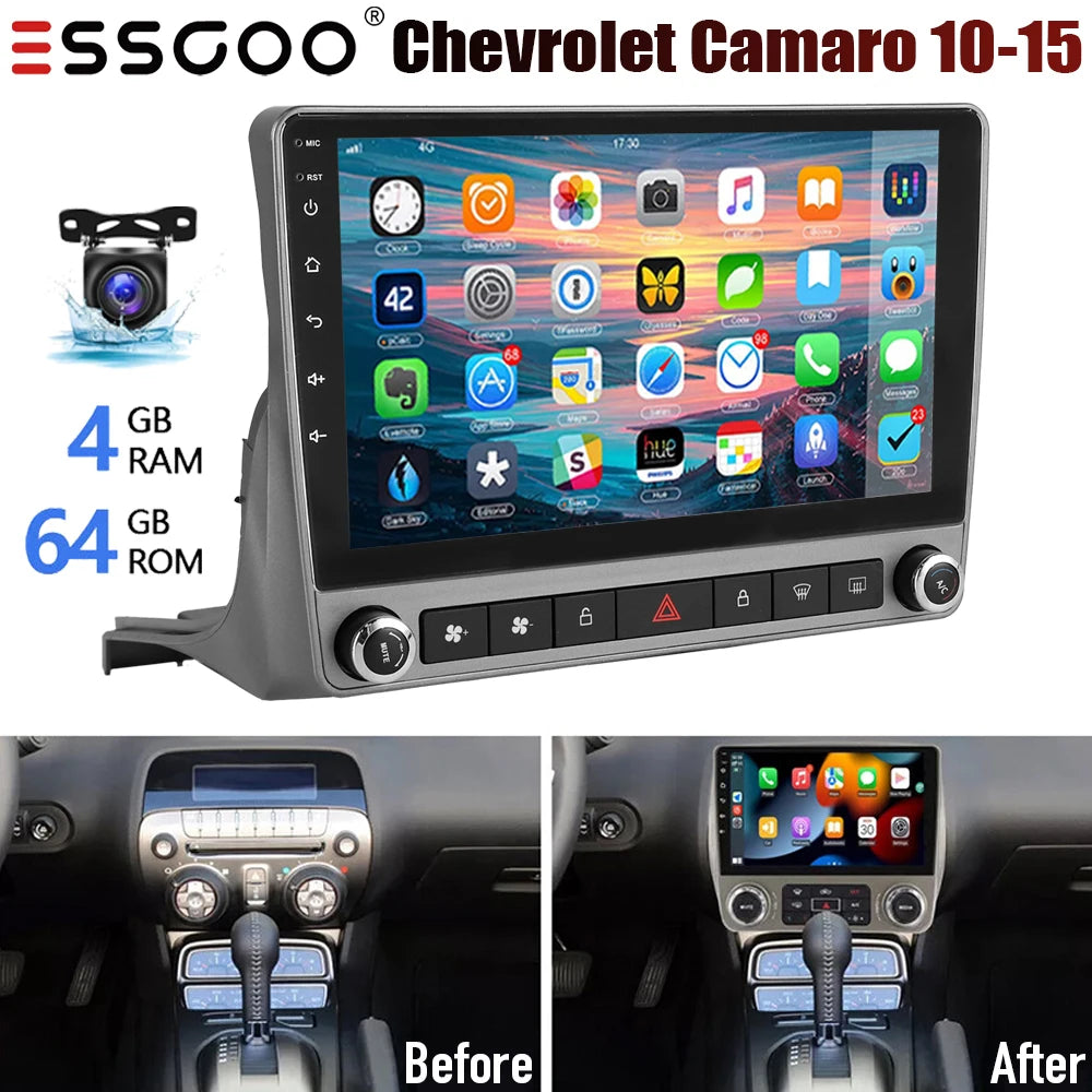 9" Android 15 Carplay 4+64G Car GPS Radio Stereo For Chevrolet Camaro 2010-2015 WiFi Head Unit Bluetooth Touch Screen+DVR&Camera