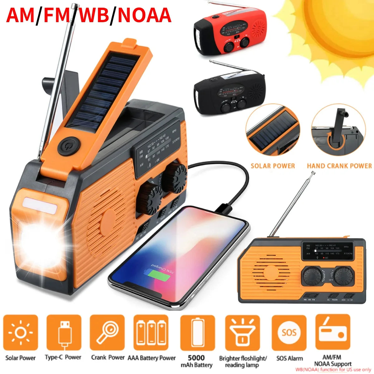Solar Power Hand Crank Radio AM/FM/WB NOAA Weather Multifunctional Radio LED Flashlight Power Bank for Outdoor Camping Hiking