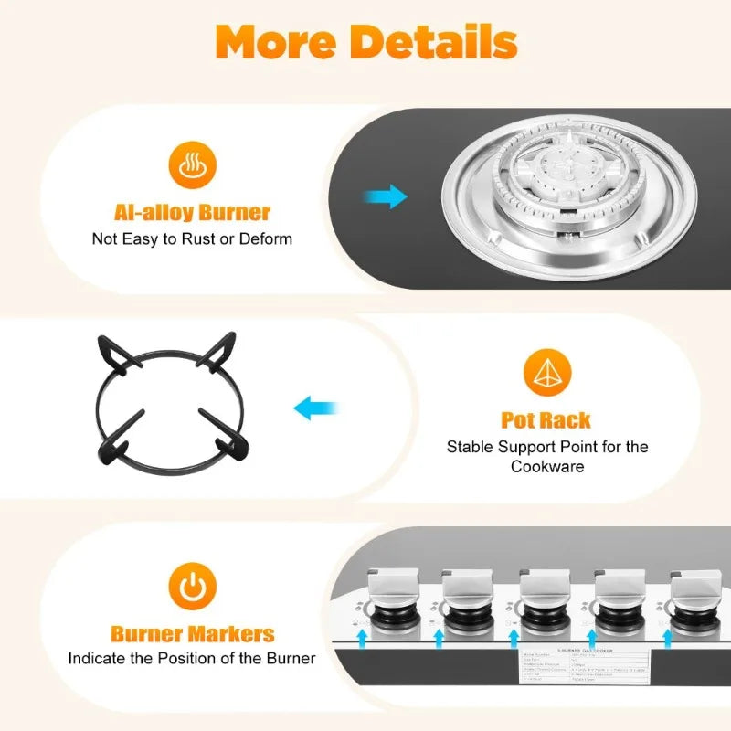 Gas Cooker 5 Burners Built-in Gas Hob Stove Hob Cooktop LPG/NG Gas Tempered Glass Hob Cooktop with 5 Gas Burners