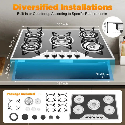 Gas Cooker 5 Burners Built-in Gas Hob Stove Hob Cooktop LPG/NG Gas Tempered Glass Hob Cooktop with 5 Gas Burners