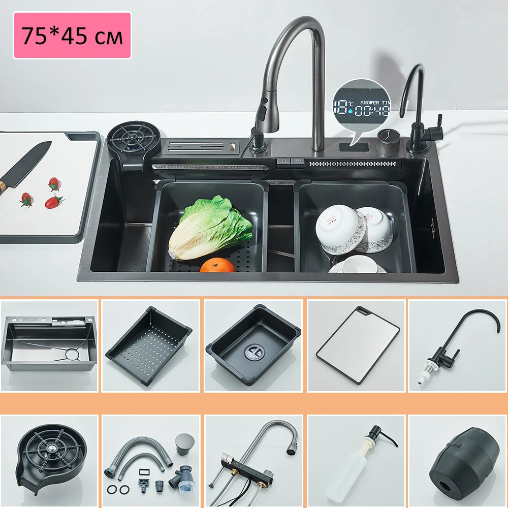 Large 304 Kitchen Sinks 75x45cm Stainless Steel Kitchen Waterfall Sink Digital Display Large Single Sink Dish Washer Faucet