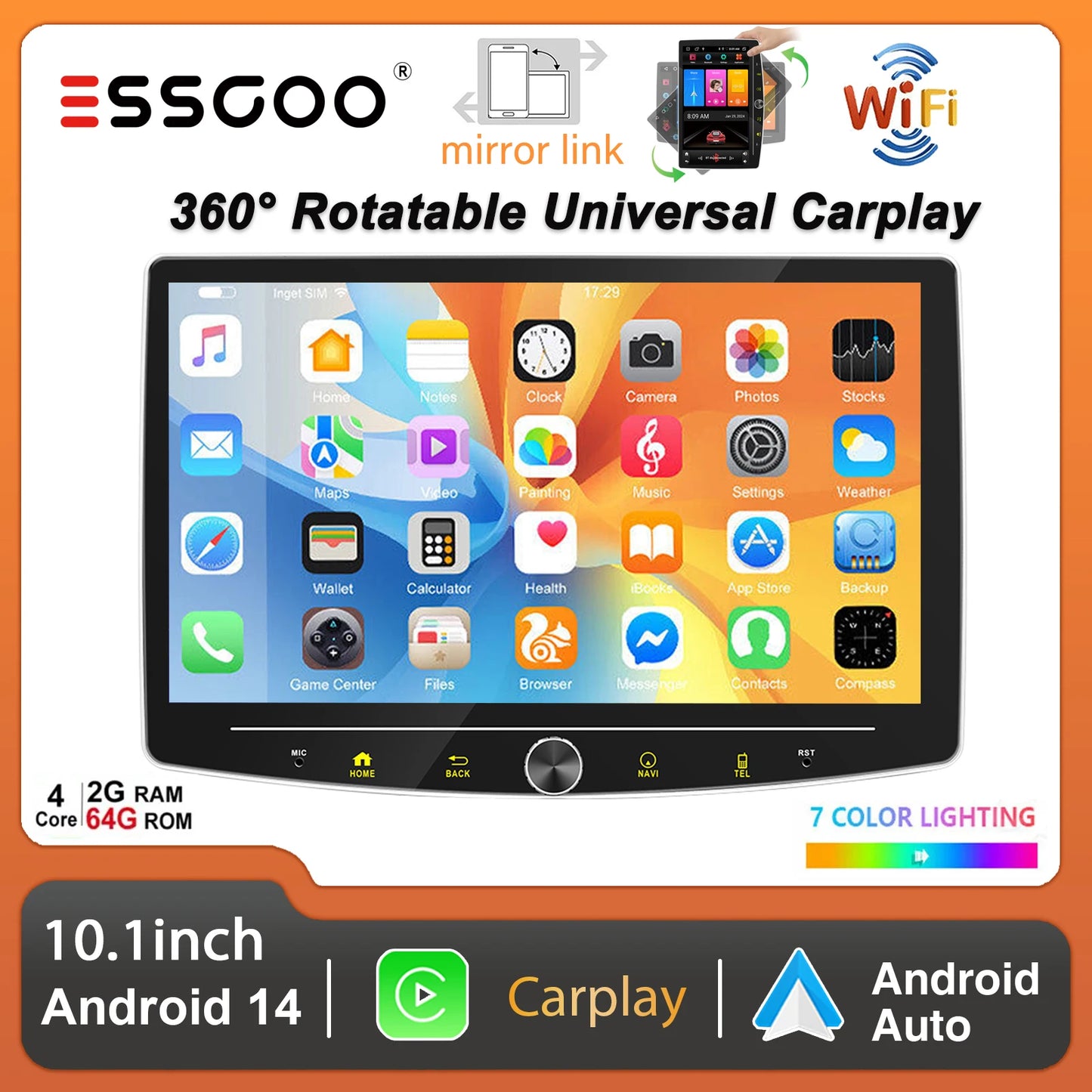 ESSGOO 10.1" 1 DIN Touch screen Universal Wireless carplay Android auto Car Stereo Radio 64G Android 14 GPS NAVI SWC BT MIC WIFI